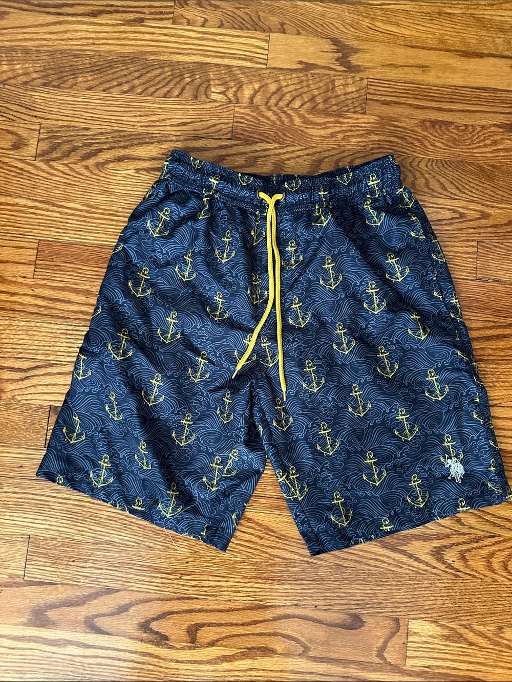 U.S. Polo Assn. Navy Swim Trunks with Yellow Anchor Print and Drawcord